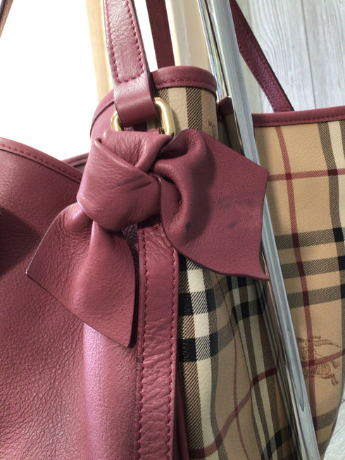 Burberry Haymarket Canter Panel Bow Tote Small Raspberry